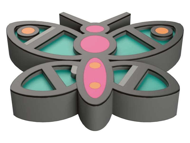 A butterfly-shaped enamel pin before its resin: gray printed walls outlining four teal-floored wings, a pink body marked with orange dots, and an orange-floored well at each upper wingtip — every cell still empty